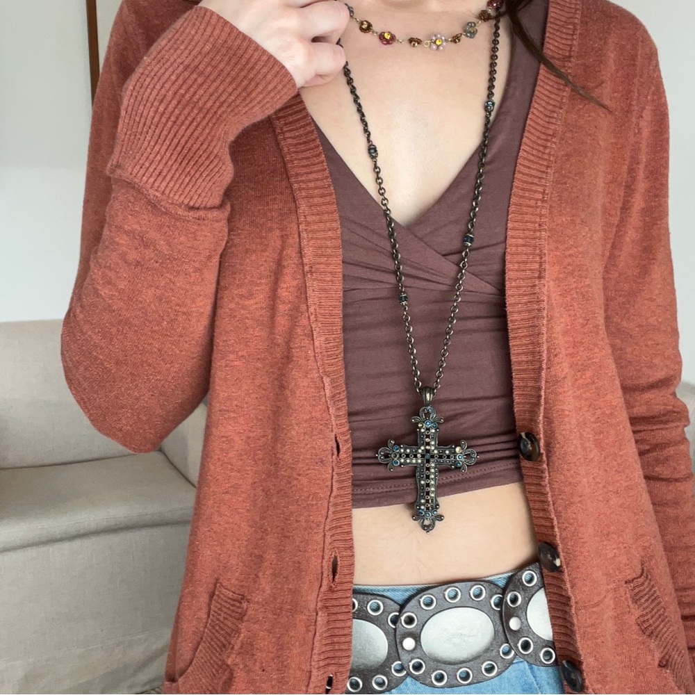 Rust terracotta orange cotton blend cardigan